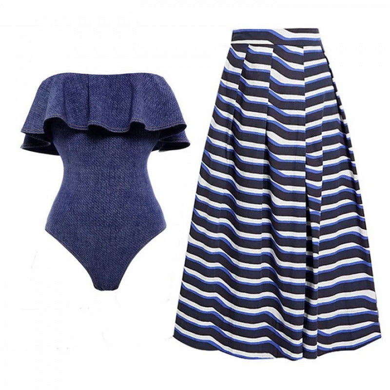 off-shoulder ruffle one-piece with striped wrap skirt – BREEZE