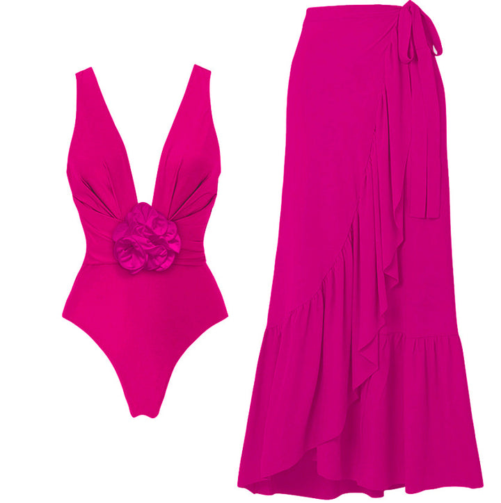 floral plunge one-piece with ruffle wrap skirt – FUCHSIA