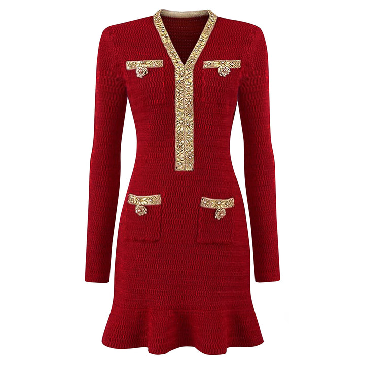 long-sleeve knit mini dress with gold trim – VENUNI