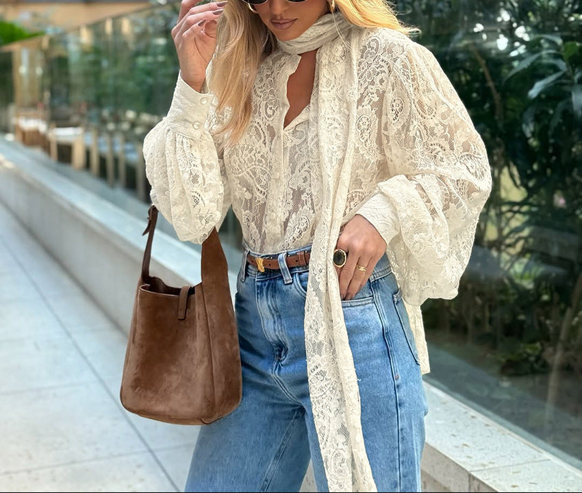 lace blouse with long scarf tie – AMORE