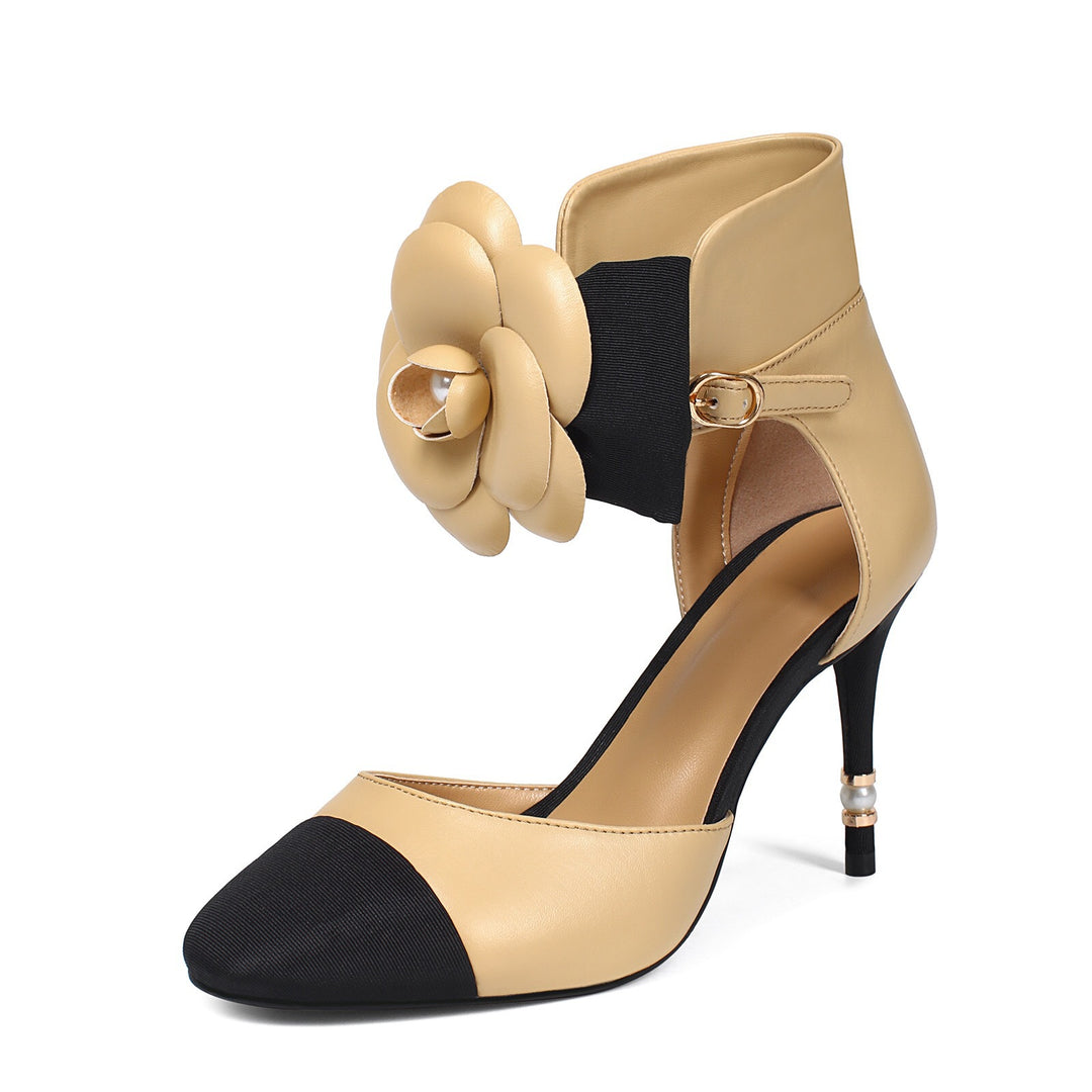 two-tone ankle heels with floral accent – CAMELLIA