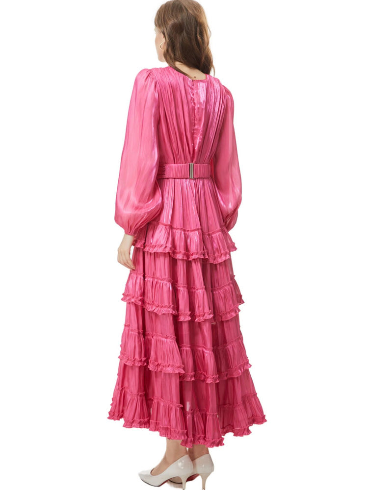 long-sleeve tiered pleated dress with voluminous hem - LÉONIE