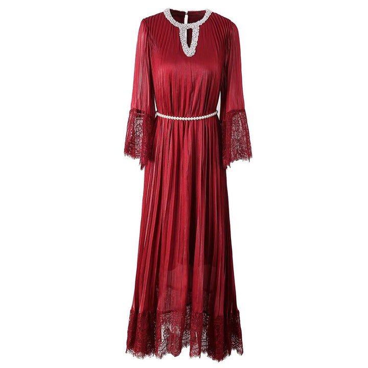 Pleated Maxi Dress with Lace Trim and Pearl Belt – BLUSHERA