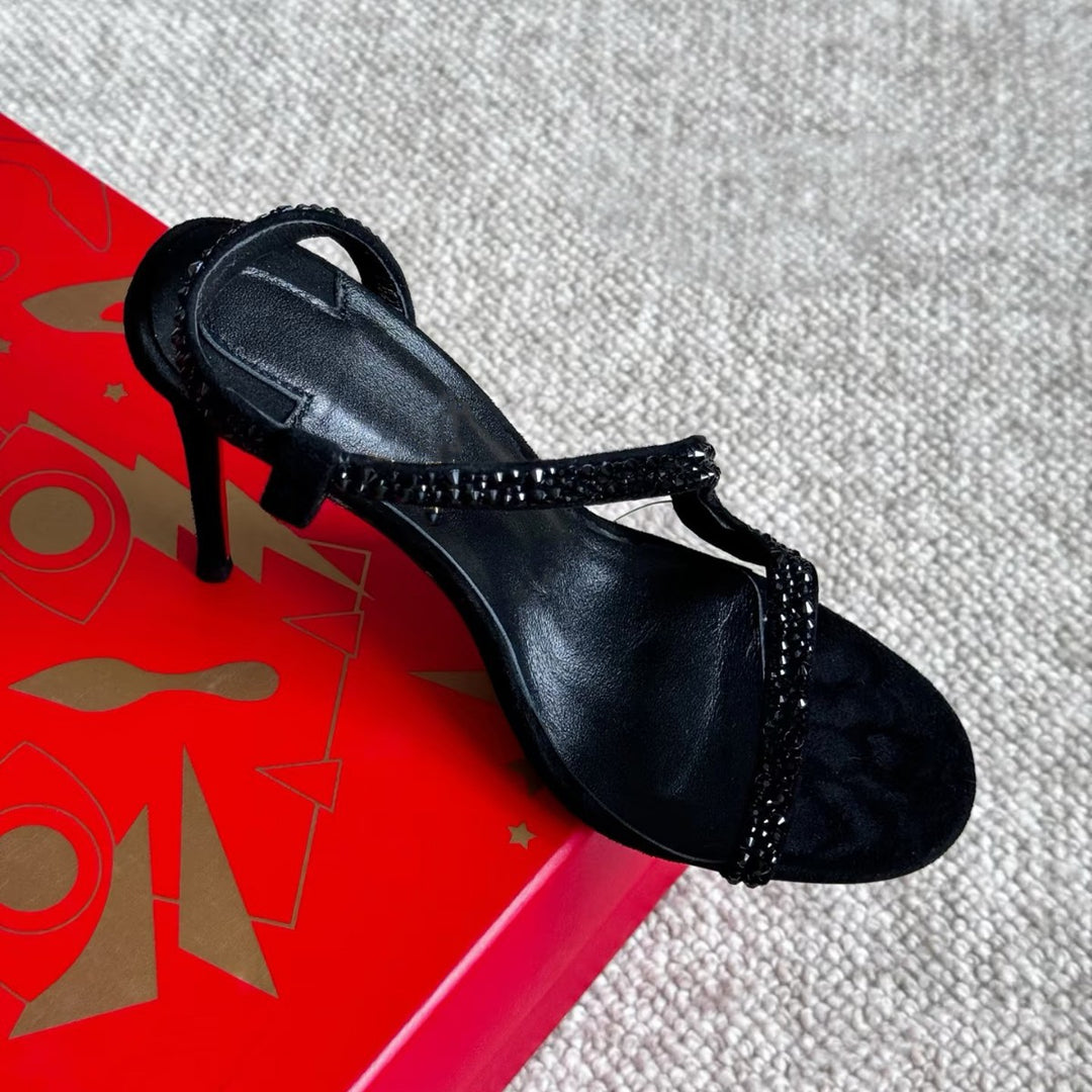 asymmetric rhinestone strap stiletto sandals – SELENEVRI