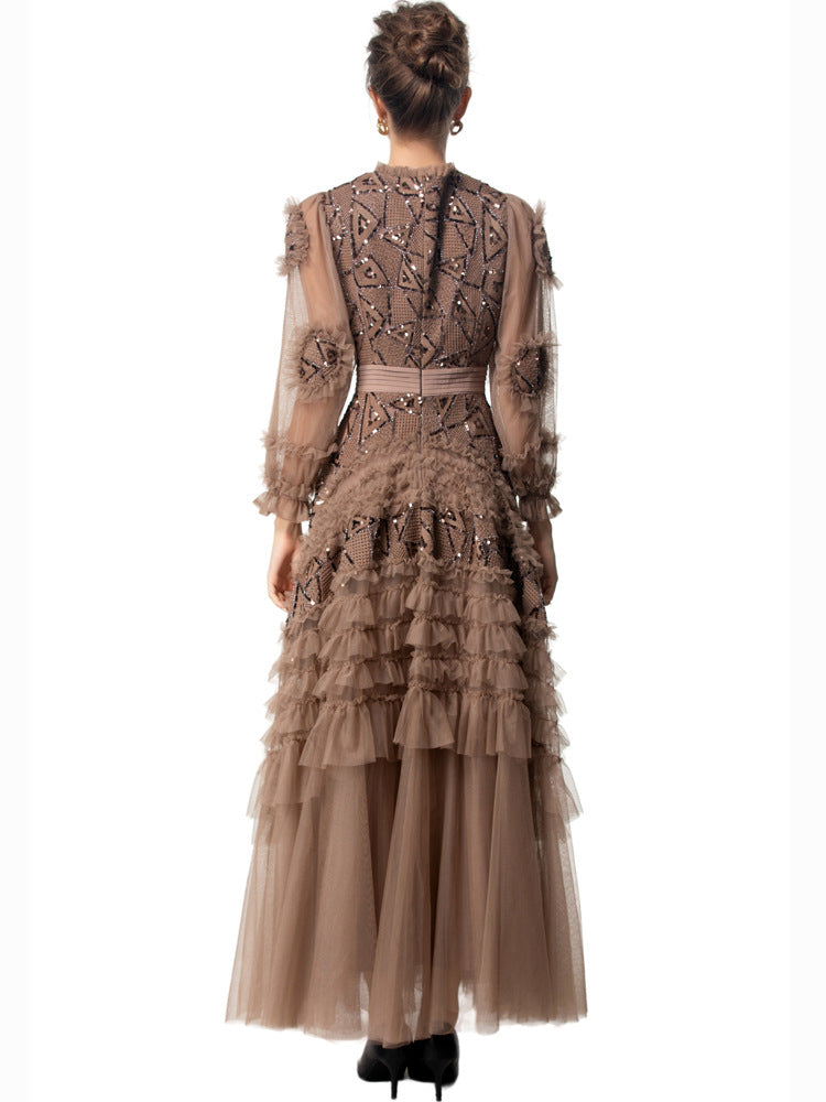 long-sleeve layered gown with tulle and embroidery - IRISWU
