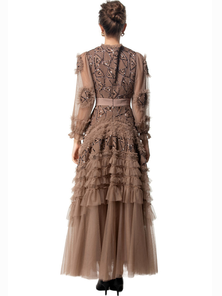 long-sleeve layered gown with tulle and embroidery - IRISWU