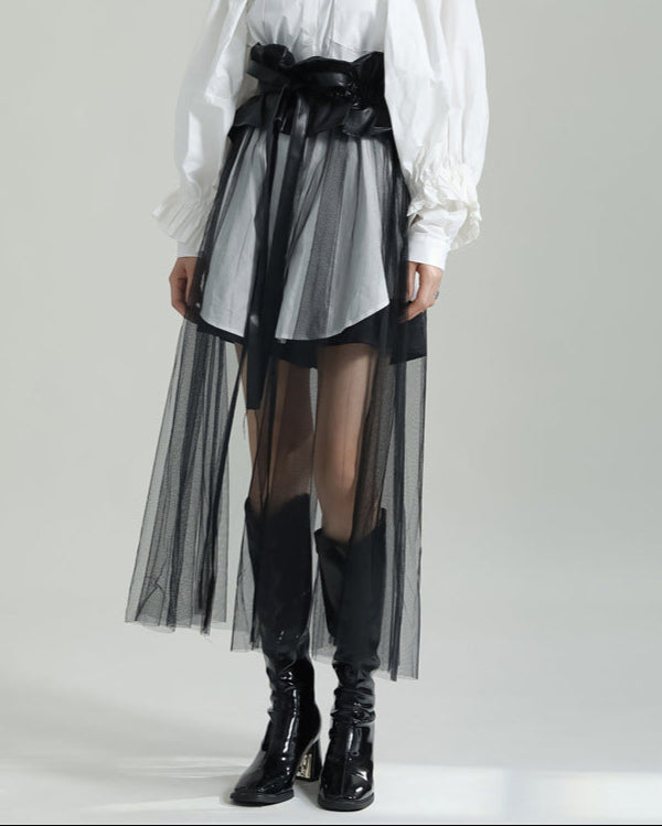 sheer tulle overlay skirt with voluminous shirt and corset belt - YUMI