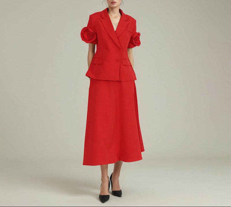 Ensemble jupe blazer à manches courtes avec manches florales 3D – Senfera 