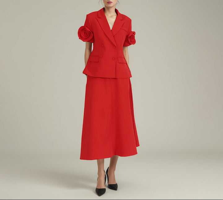 Ensemble jupe blazer à manches courtes avec manches florales 3D – Senfera 