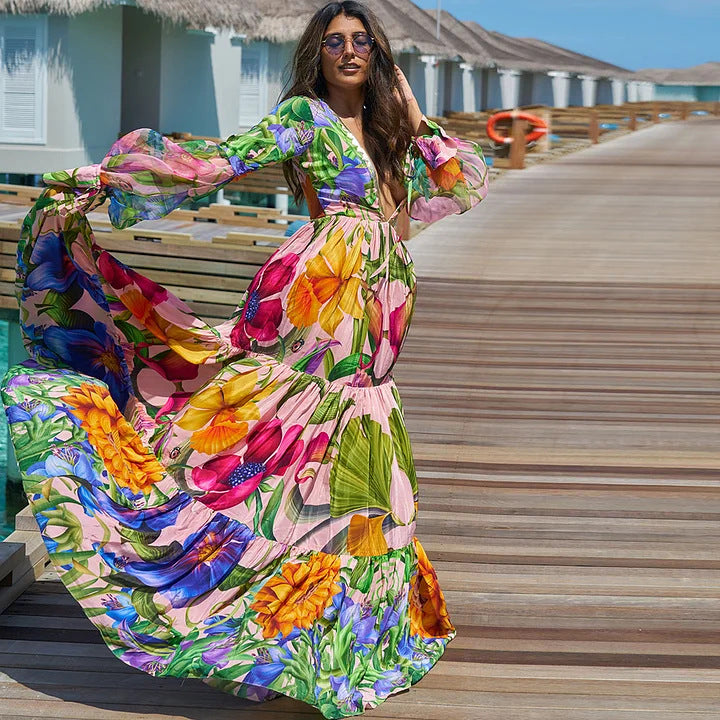 tropical sheer sleeve bodysuit with tiered maxi skirt – FLORELLA