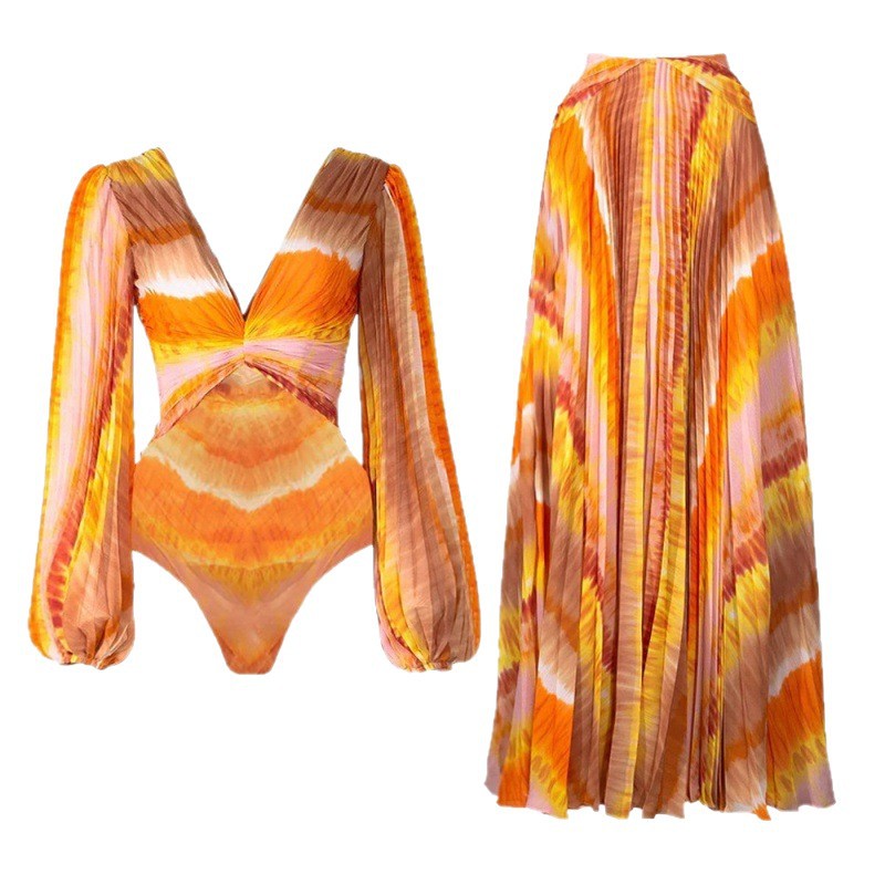 pleated cut-out one-piece with maxi flow skirt – SUNSET