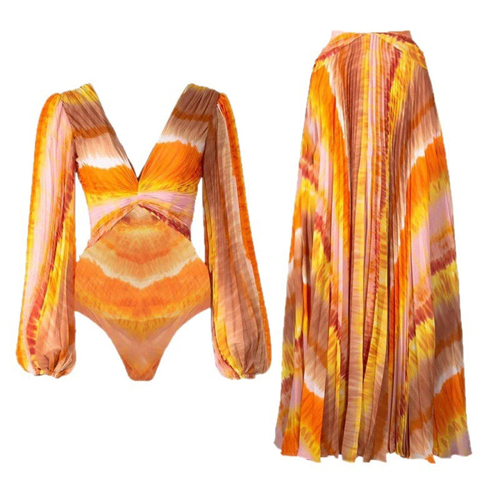 pleated cut-out one-piece with maxi flow skirt – SUNSET