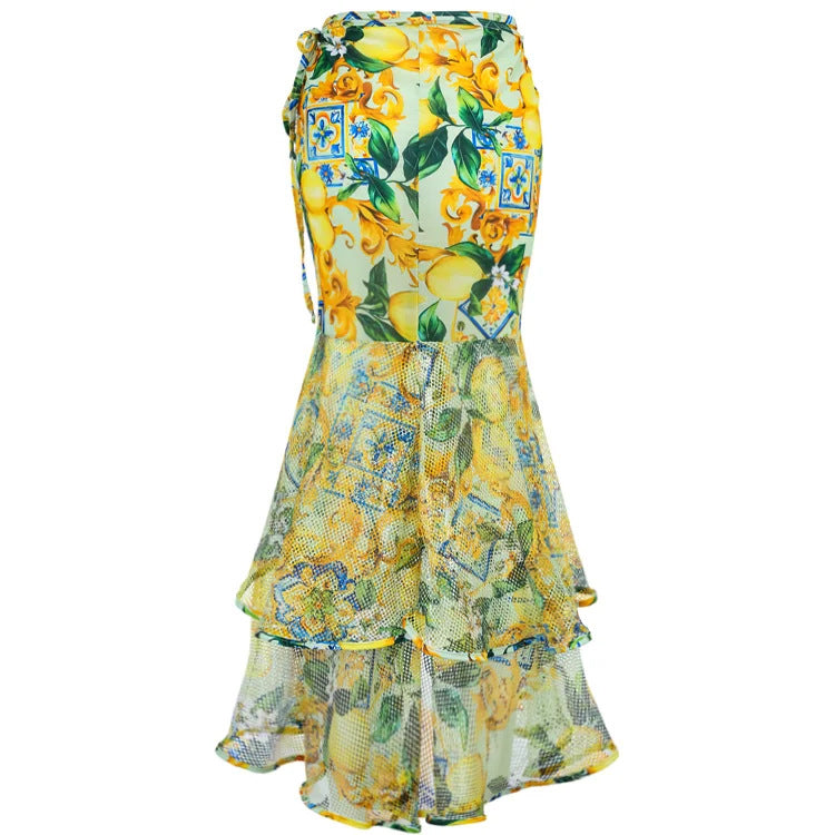 lemon tile print swimsuit with ruffle mesh wrap skirt – SICILIAN