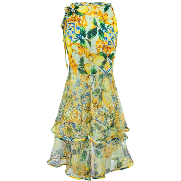 lemon tile print swimsuit with ruffle mesh wrap skirt – SICILIAN