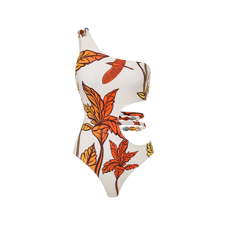 one-shoulder cut-out swimsuit with wrap sarong skirt set – AMBER
