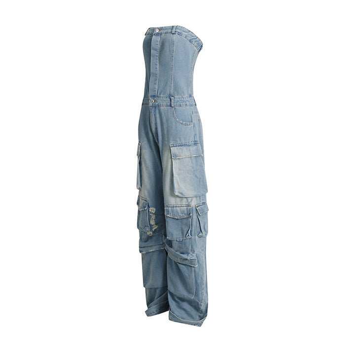 strapless denim cargo jumpsuit with wide-leg design – NOLIVIRA