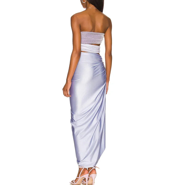 shimmer bandeau one-piece with ruched wrap skirt – LAVENDER