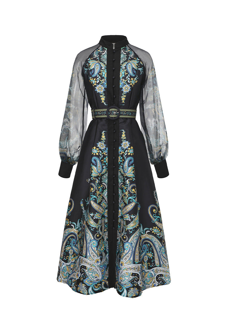 long sleeve paisley print dress with sheer sleeves and belted waist – NOIR