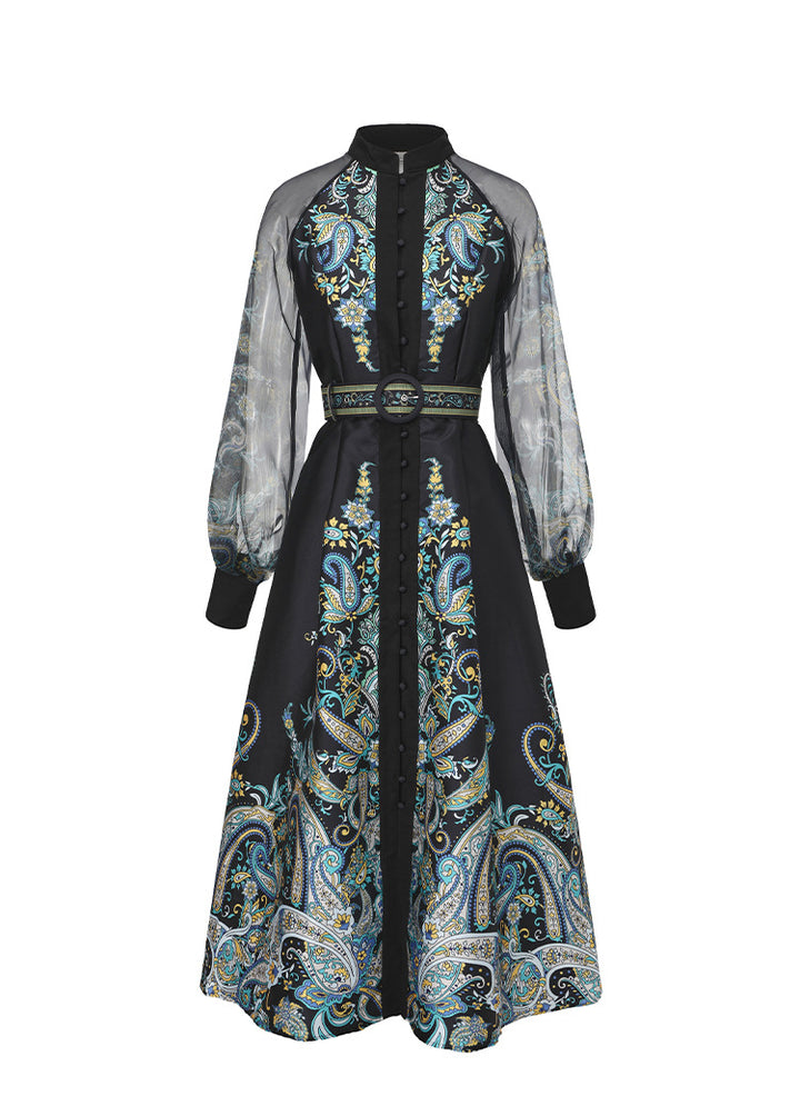 long sleeve paisley print dress with sheer sleeves and belted waist – NOIR
