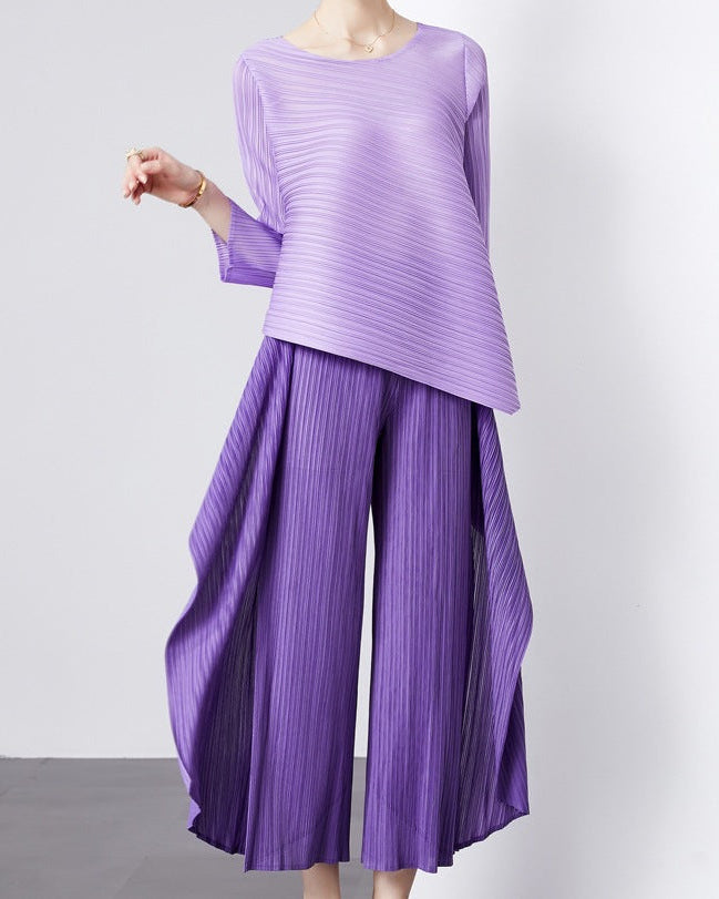 asymmetrical pleated top and wide-leg pants set - TERZA