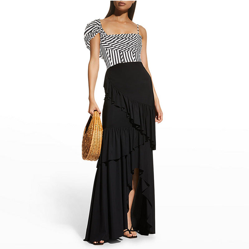 one-shoulder striped swimsuit with layered ruffle maxi skirt – EDGE