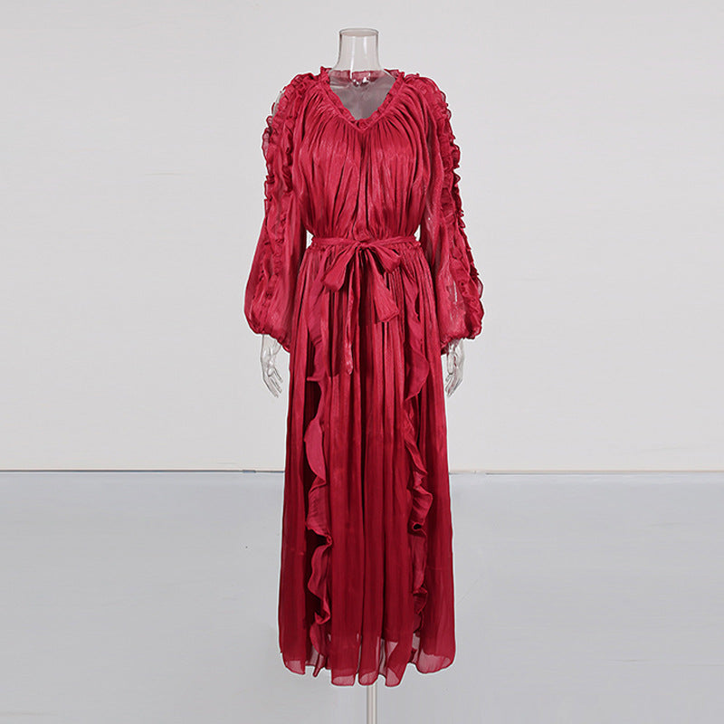 ruffle trim belted chiffon maxi dress – RUBINA