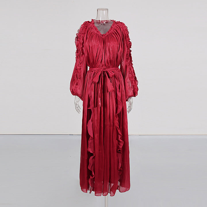 ruffle trim belted chiffon maxi dress – RUBINA