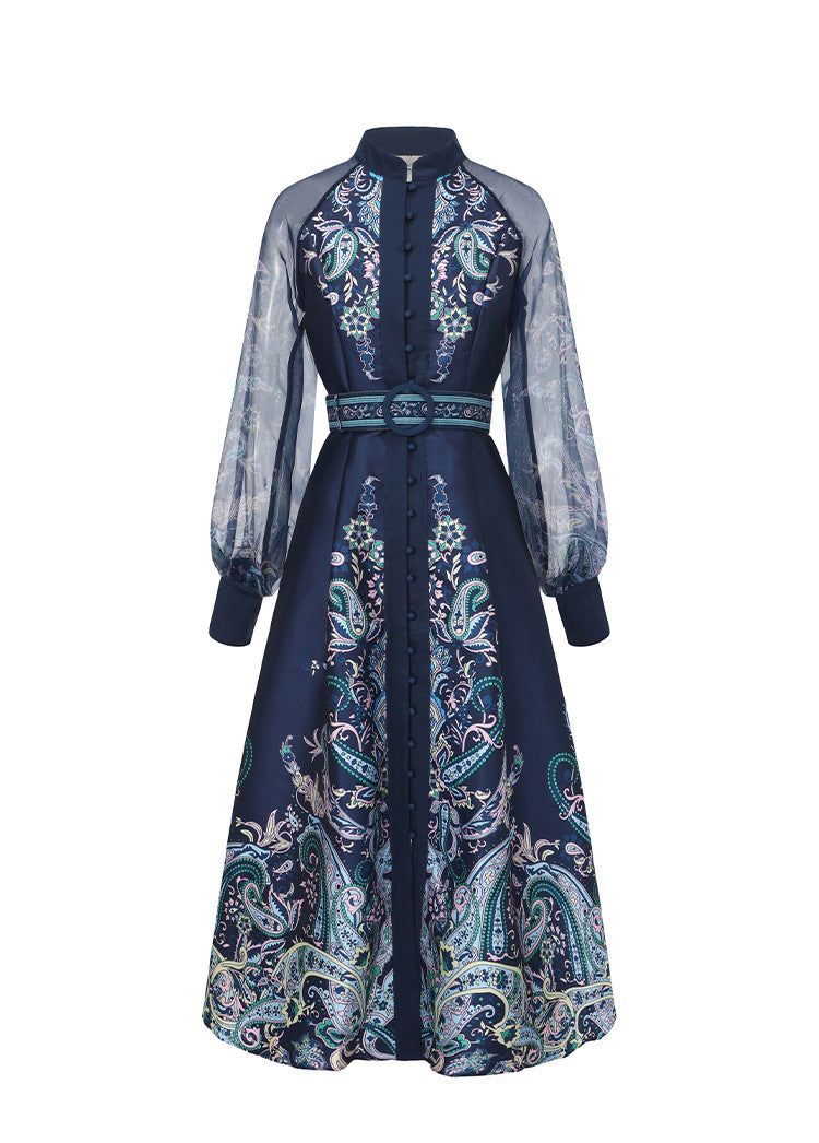 long sleeve paisley print dress with sheer sleeves and belted waist – NOIR