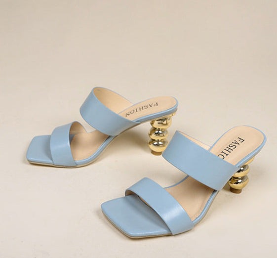 double strap mule sandals with sculpted metallic heel - FIORAZU