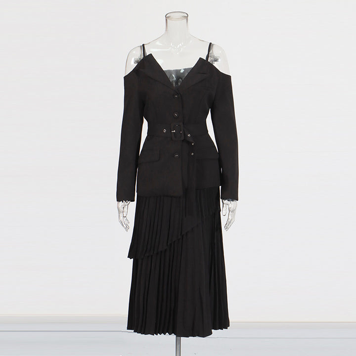 Off-shoulder belted blazer with pleated skirt - Atiju