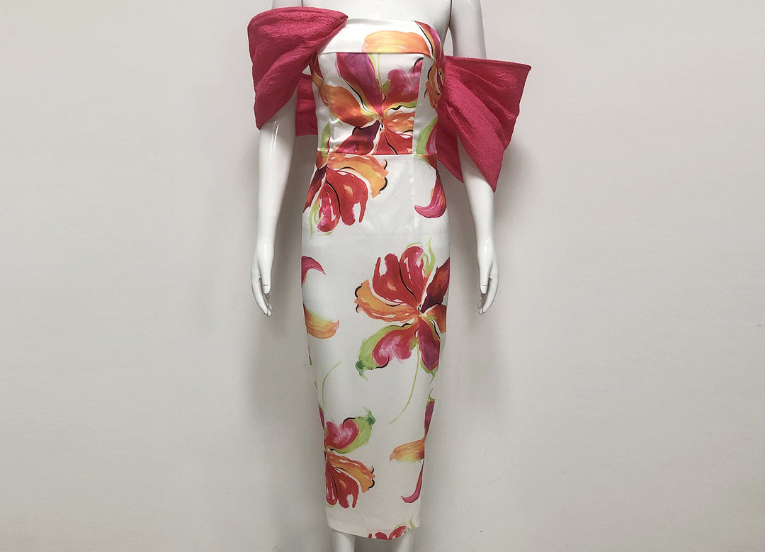 Floral Off-Shoulder Midi Dress with Statement Bow Sleeves-SIFAN