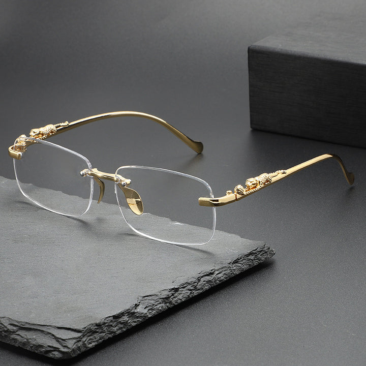 rectangular rimless sunglasses with gold panther arms – NOMR