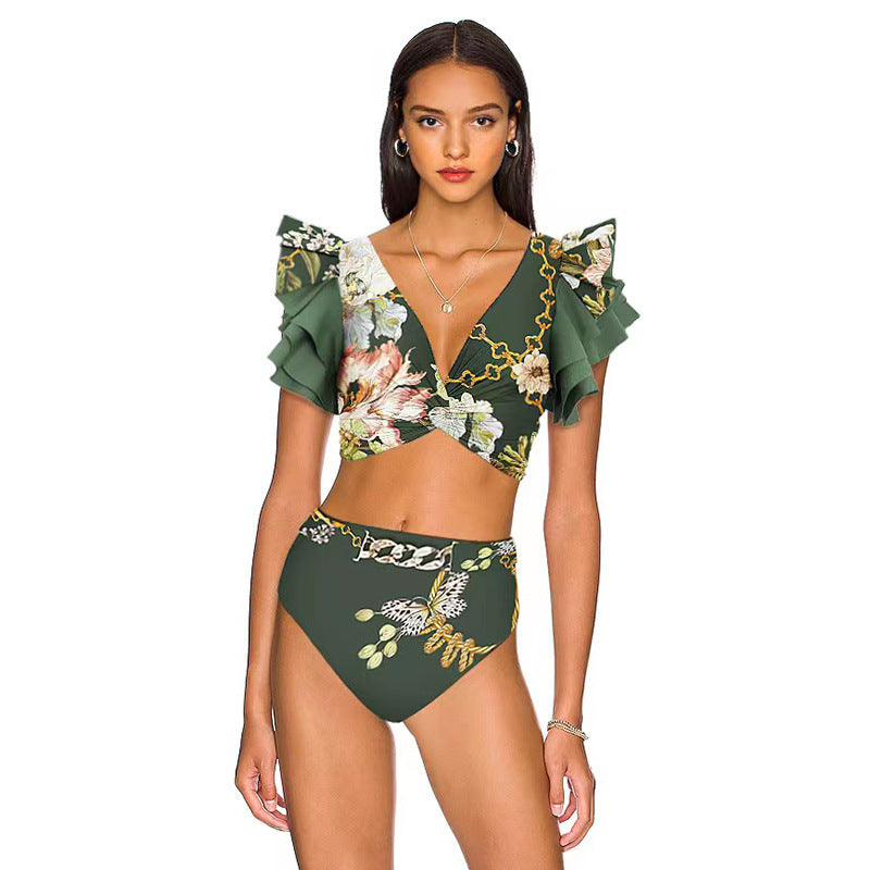 ruffle floral bikini with asymmetric wrap skirt – EMERALD