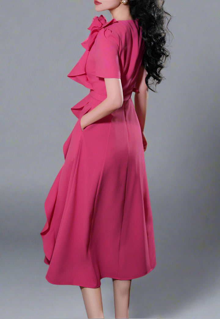 فستان ميدي بأكمام قصيرة وتفاصيل زهور ثلاثية الأبعاد - سيلينا