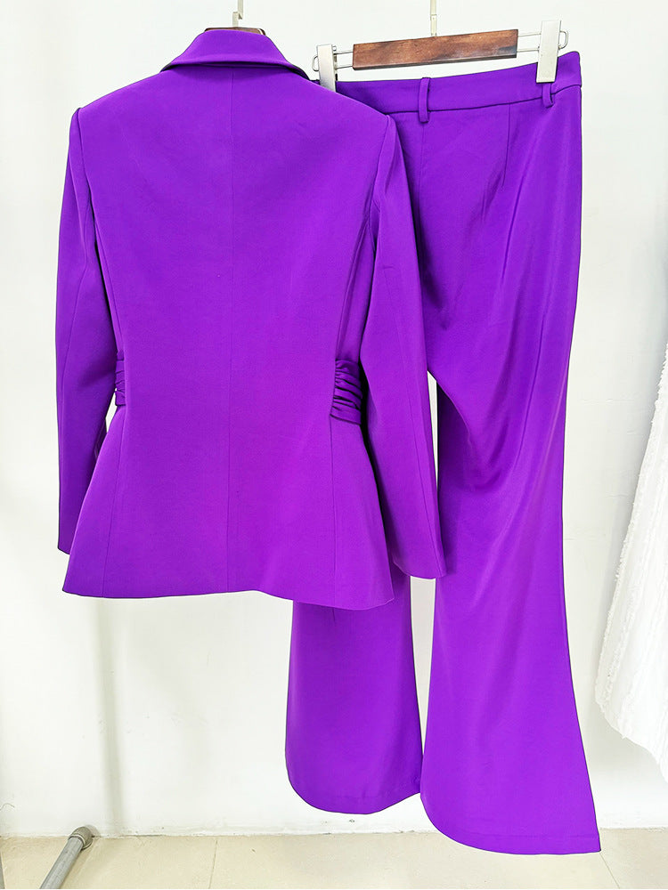 Draped belted blazer broekenset met uitlopende pijpen – Vronik 