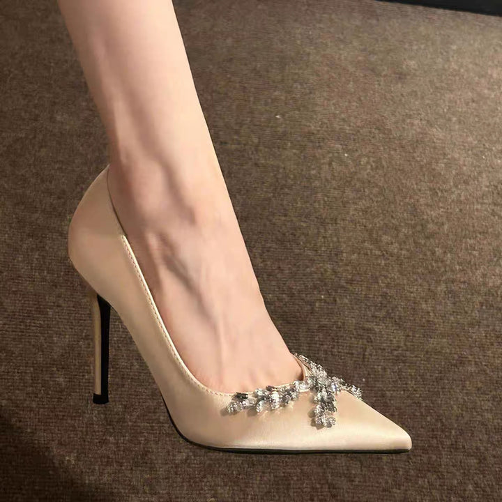 satin pointed-toe heels with crystal leaf embellishment – SERENABA