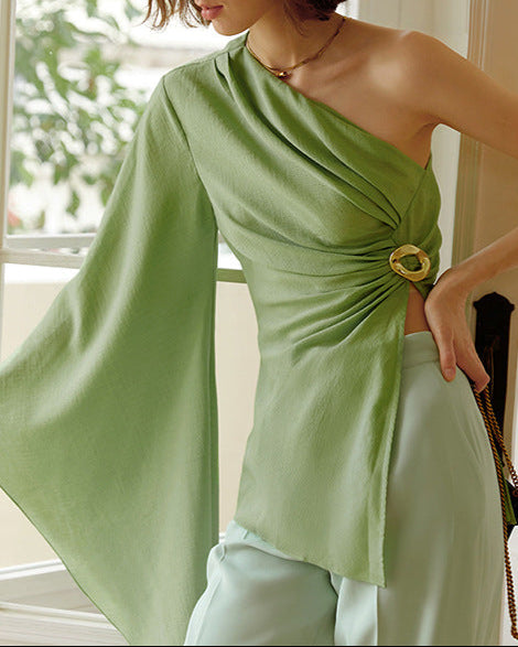 One-shoulder wrap top with gold ring detail - Omudi