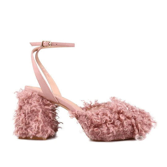 curly faux fur block heels with ankle strap – BELLARIA
