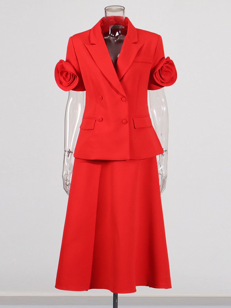 Ensemble jupe blazer à manches courtes avec manches florales 3D – Senfera 