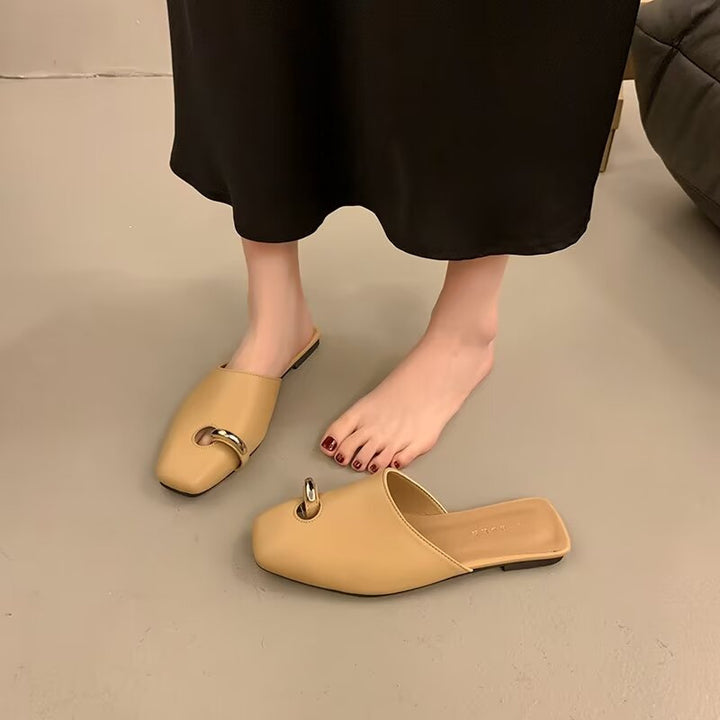 tan leather mules with silver ring detail – CELENA