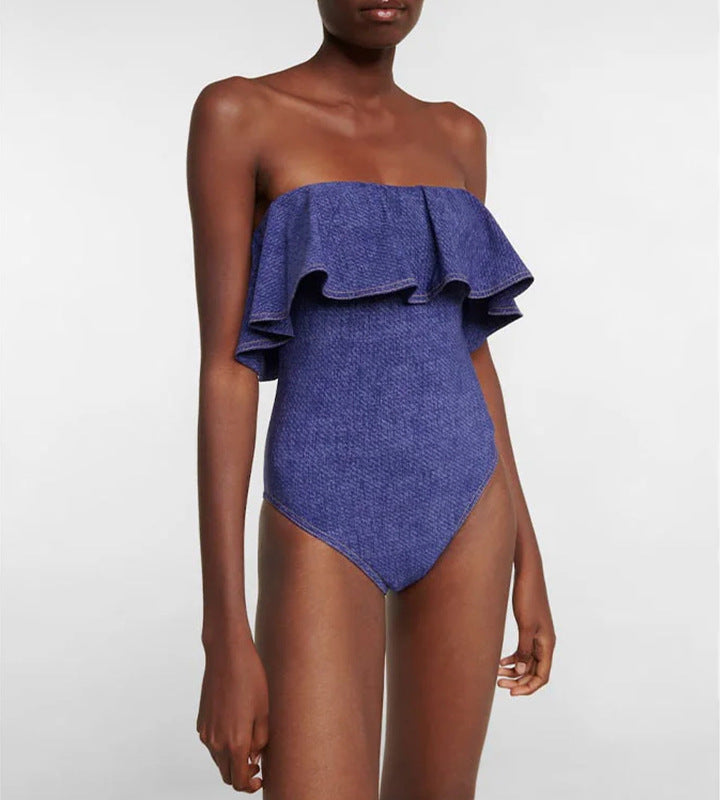 off-shoulder ruffle one-piece with striped wrap skirt – BREEZE