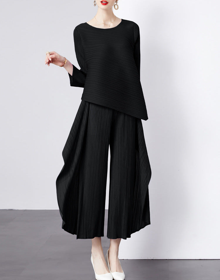 asymmetrical pleated top and wide-leg pants set - TERZA