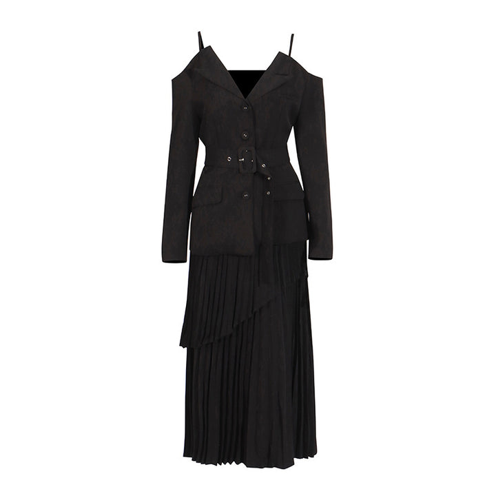 Off-shoulder belted blazer with pleated skirt - Atiju