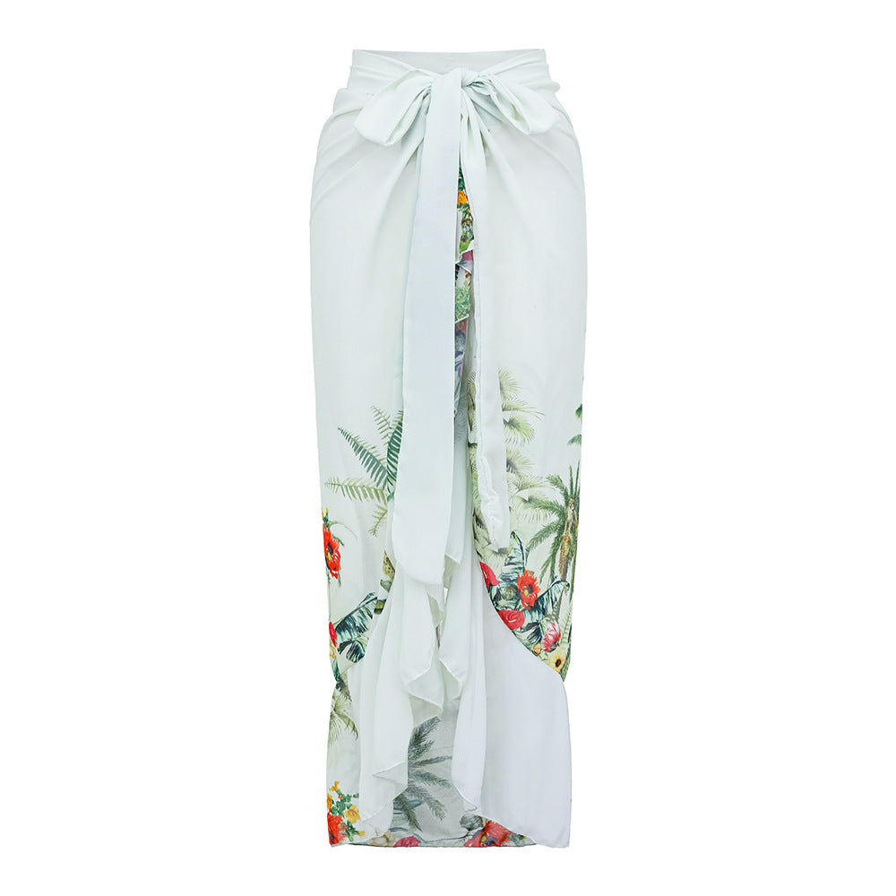 one-shoulder tropical print swimsuit with chiffon sarong – PALMERA