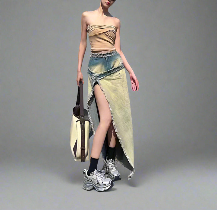 distressed denim maxi skirt with raw slit - Balthah