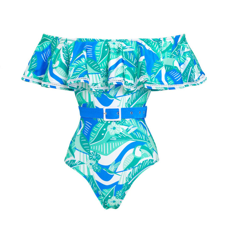 off-shoulder belted one-piece with tiered maxi skirt – OCEAN