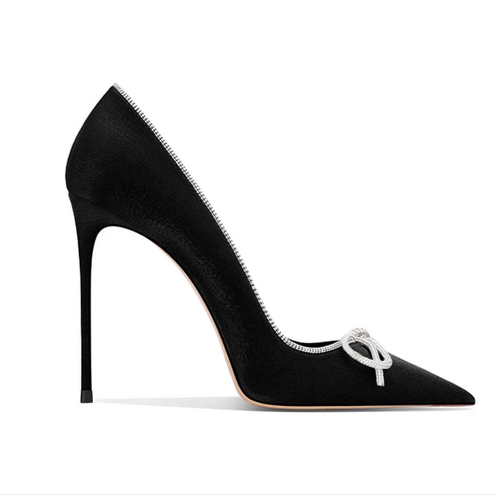 Crystal-Trimmed Bow Satin Pumps – ELYSIA