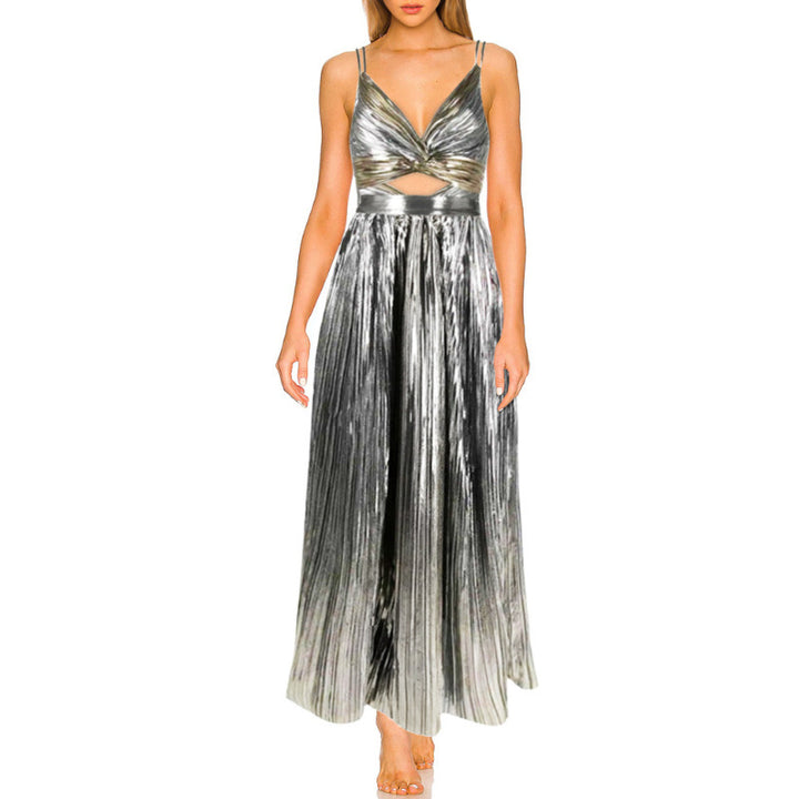 metallic cross-wrap bodice pleated maxi dress – ECLIPSE