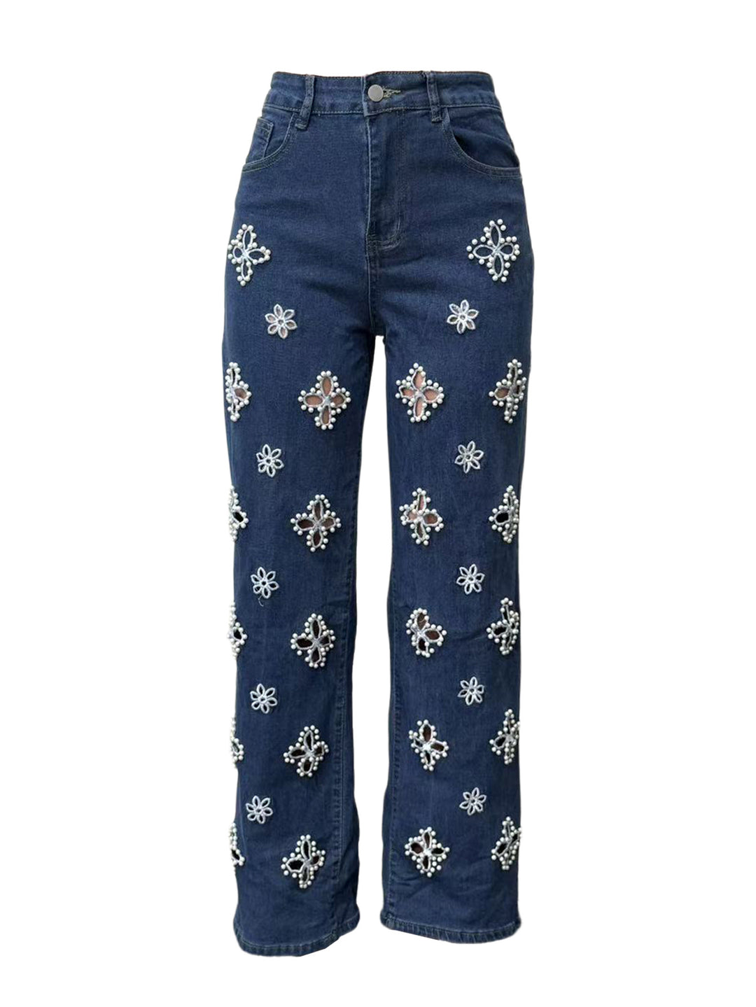 Pearl Embellished Floral Cutout Jeans - Glam