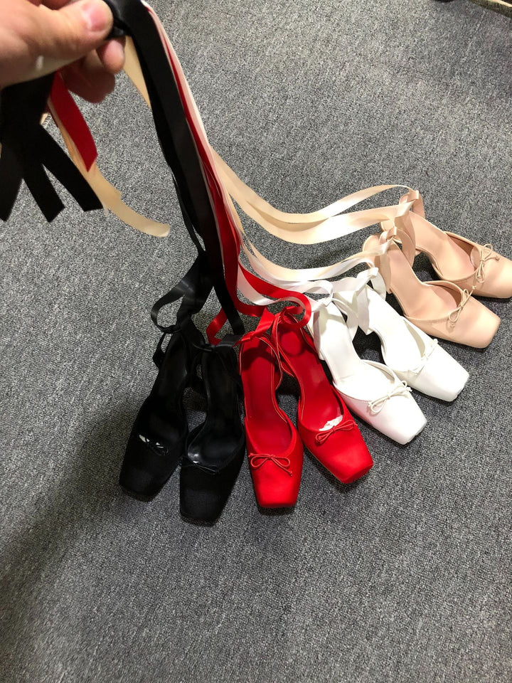 satin platform heels with ribbon ankle ties – BELLE